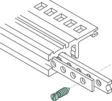 Bandes taraudées et baguettes isolantes Vis sans tête M 2,5 pour fixer la bande perforée ainsi que fixation et mise à la terre de la bande taraudée