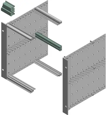 Profilati Profilati doppi per bus con distanza integrata per striscia isolante, in alluminio anodizzato in colore naturale, superfici di contatto conduttive, per il fissaggio diretto di backplane