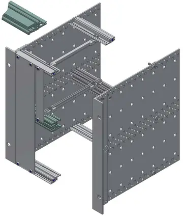 Profiles Front profiles without lip, natural-coloured anodised aluminium, conductive contact surfaces, for installation behind full-width front panels