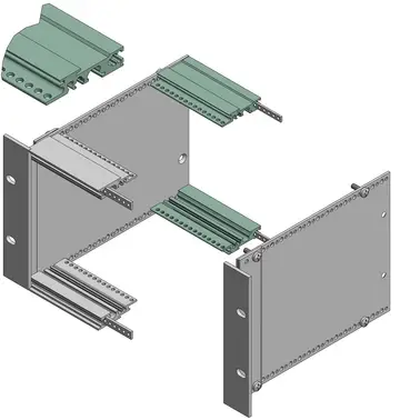 Profiles / profile sets Bus profiles with an integrated insulating strip clearance and clamp profile for ADG, natural-coloured anodised aluminium, for backplane fixing