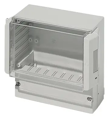 With crystal-clear lid, hinged and with snap lock, IP 65 Enclosure with Pg pre-punchings in the terminal compartment